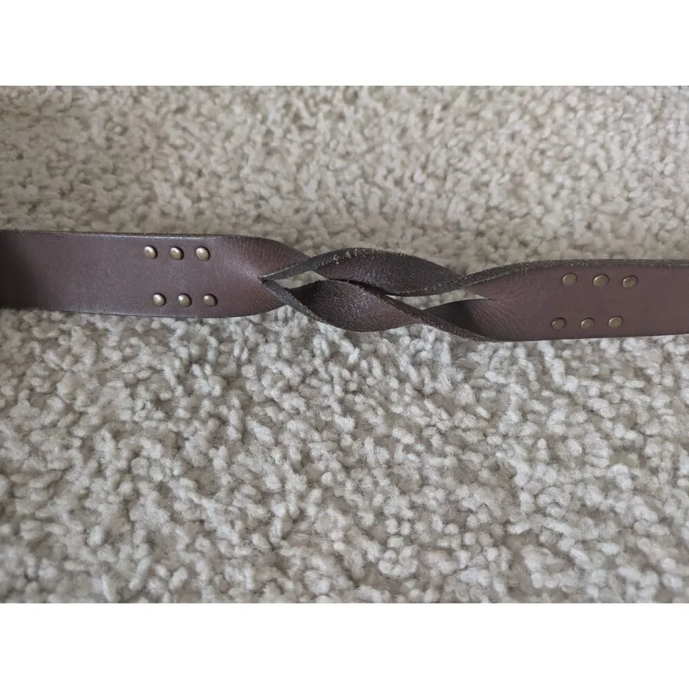 Frye Brown Genuine Leather Twist Side Detail Brass Studded Belt Sz XL